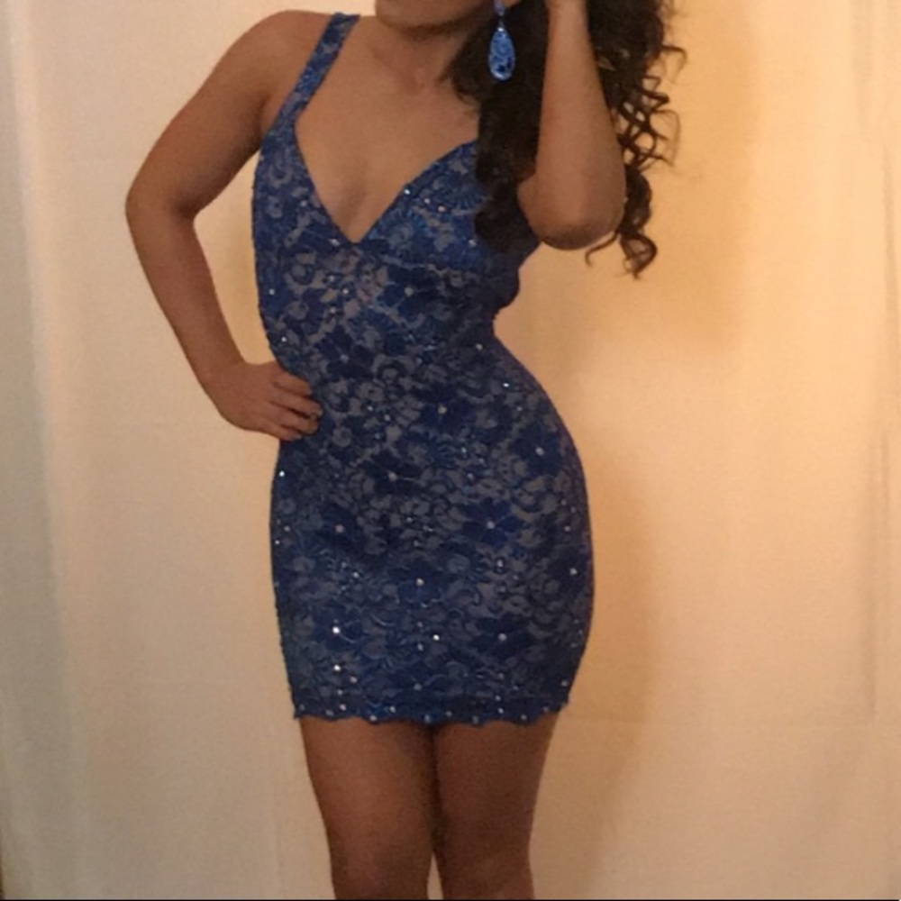 Holt Miami blue hand painted crystal lace dress